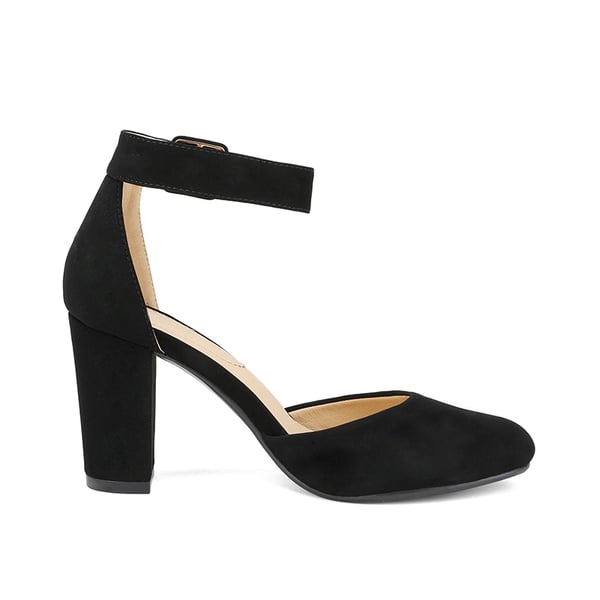 Round Toe Chunky Heel Pumps - BLACK NUBUCK - 1